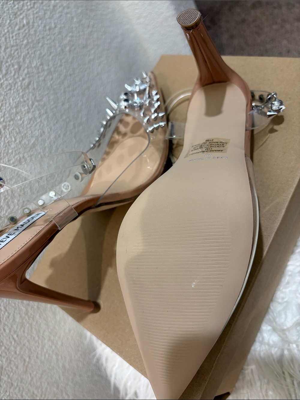 Steve Madden Nude Clear Crystal & Spike Embellished Pointed Stiletto Heels - Picture 6 of 6